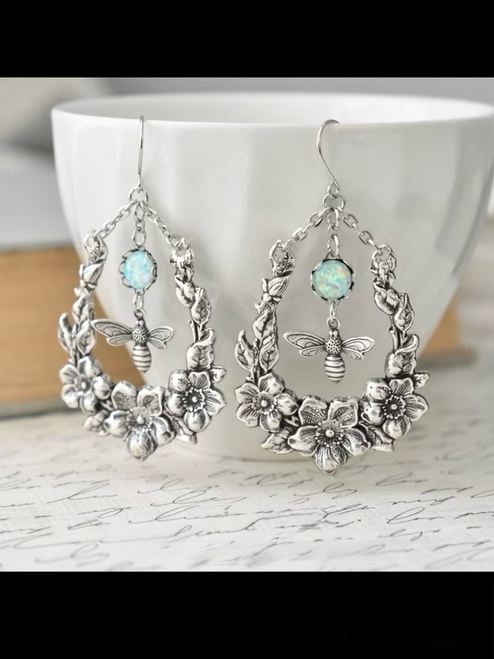 Silver Floral Bee Drop Earrings with Iridescent Stone 2” x  1”